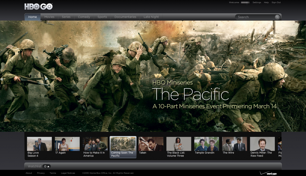 The HBO GO Home Screen