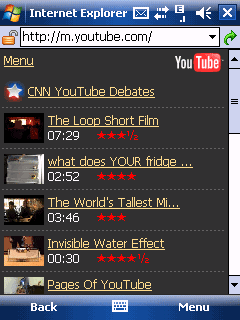 Windows Mobile and YouTube main screen